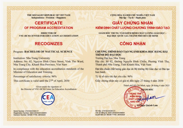NGÀNH KHOA HỌC HÀNG HẢI ĐẠT CHỨNG NHẬN KIỂM ĐỊNH CHƯƠNG TRÌNH ĐÀO TẠO